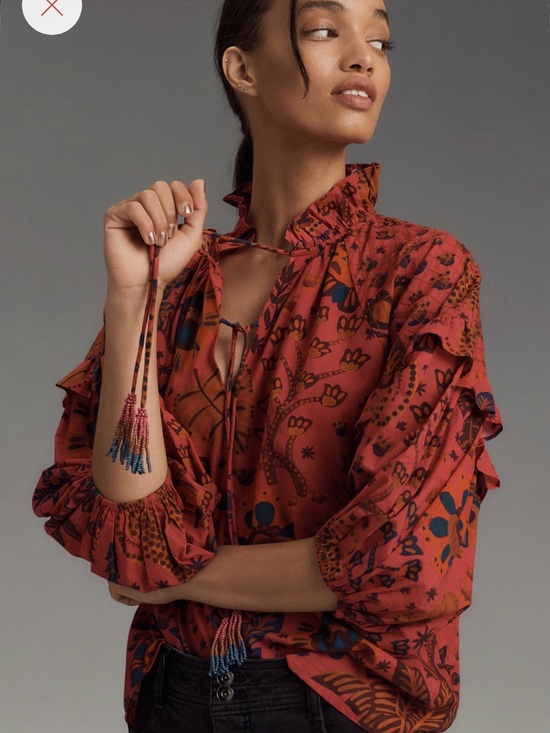 FARM Rio Tops - FARM Rio Rust Floral Tassel Tie-Neck Blouse